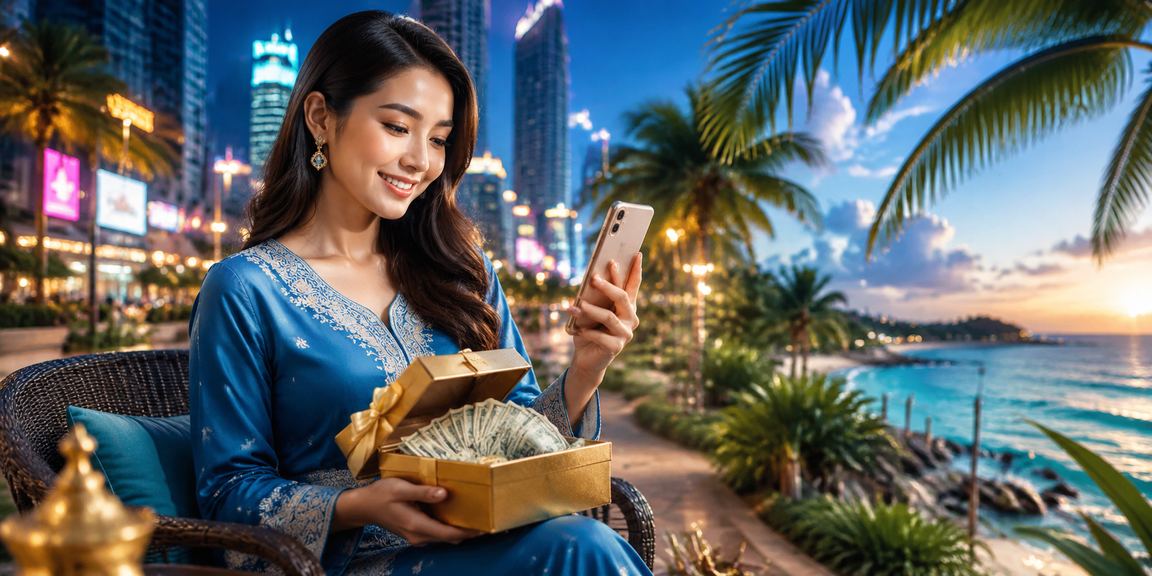Pengguna wanita Malaysia berpakaian baju kurung menggunakan kasino mudah alih 3500 di Kuala Lumpur